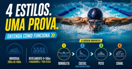 Infográfico do medley na natação: nadador de borboleta e a ordem dos 4 estilos (borboleta, costas, peito, crawl), com provas individual 200m/400m e revezamento 4x100m