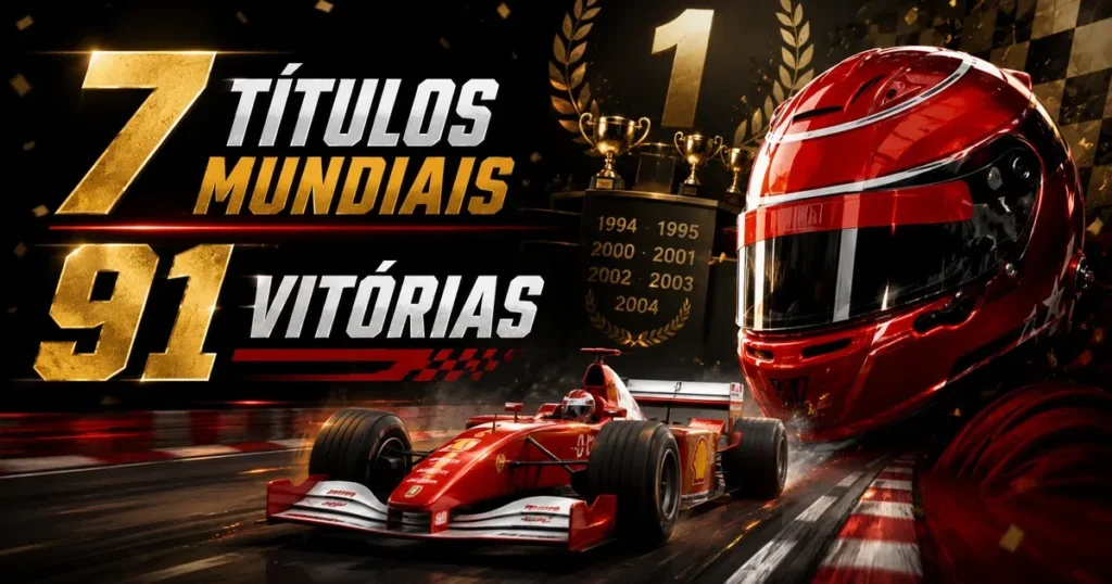 Capa em homenagem a Michael Schumacher na F1, com carro vermelho, capacete e os numeros 7 titulos mundiais e 91 vitorias