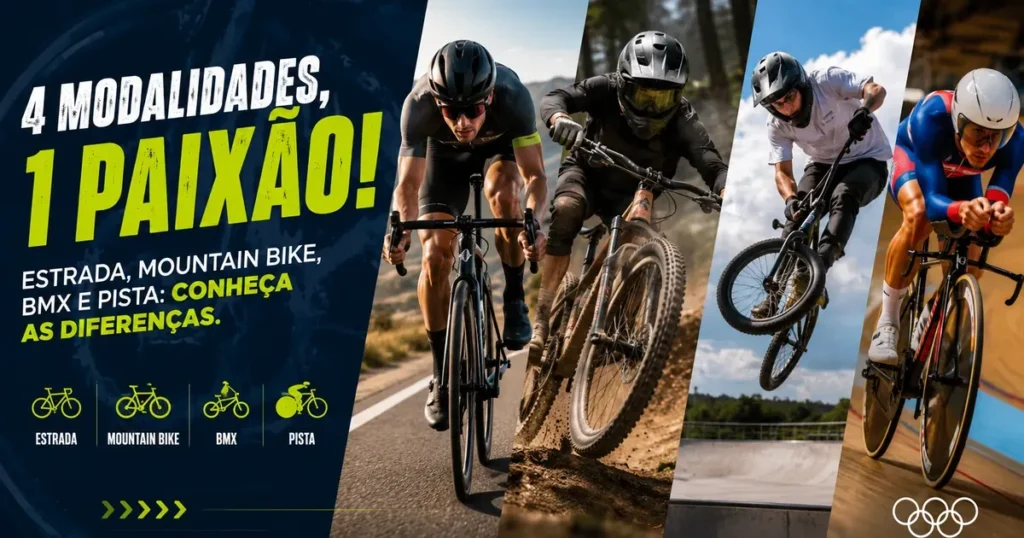 Capa do guia das modalidades do ciclismo: estrada, mountain bike, BMX e pista, com ciclistas e os aneis olimpicos