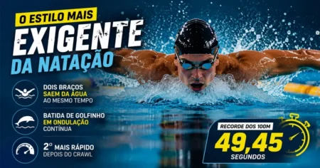 O Que é Nado Borboleta? Técnica, Regras e Recordes Nadador executando o nado borboleta com braçada simultânea e batida de golfinho, o estilo mais rápido da natação depois do crawl