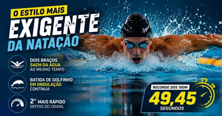 Nadador executando o nado borboleta com braçada simultânea e batida de golfinho, o estilo mais rápido da natação depois do crawl