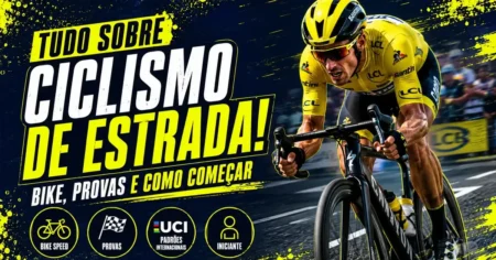Ciclista de ciclismo de estrada em posição aerodinâmica numa bicicleta speed, com camisa amarela em prova estilo Tour de France