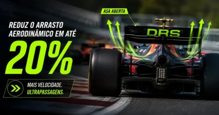 Capa explicando o DRS na Formula 1: asa traseira aberta reduz o arrasto aerodinamico em ate 20% para facilitar ultrapassagens