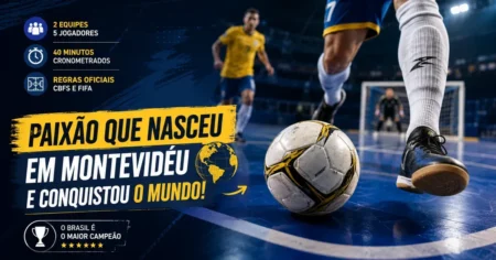Quadra de futsal com jogadores em ação, ilustrando o futebol de salão disputado 5 contra 5
