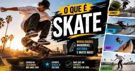 O que é skate: skatista executando uma manobra, esporte radical criado na Califórnia nos anos 1950