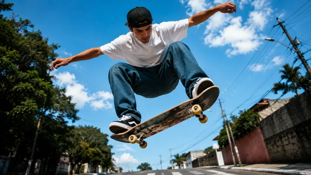 Skatista no ar executando a manobra de ollie, o salto sem as mãos que é a base do skate