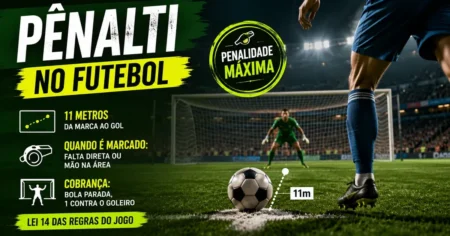 Cobranca de penalti no futebol: bola parada na marca dos 11 metros, goleiro na linha do gol e cobrador a postos.