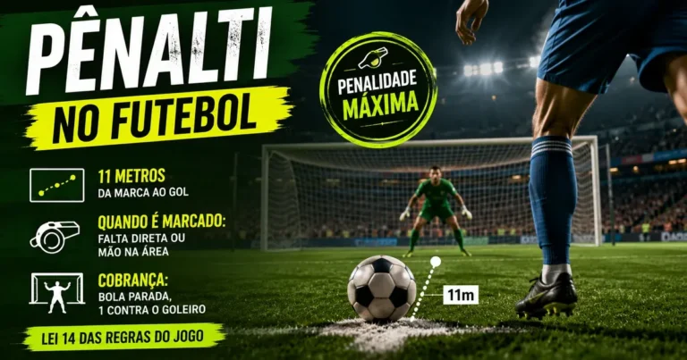 Cobranca de penalti no futebol: bola parada na marca dos 11 metros, goleiro na linha do gol e cobrador a postos.