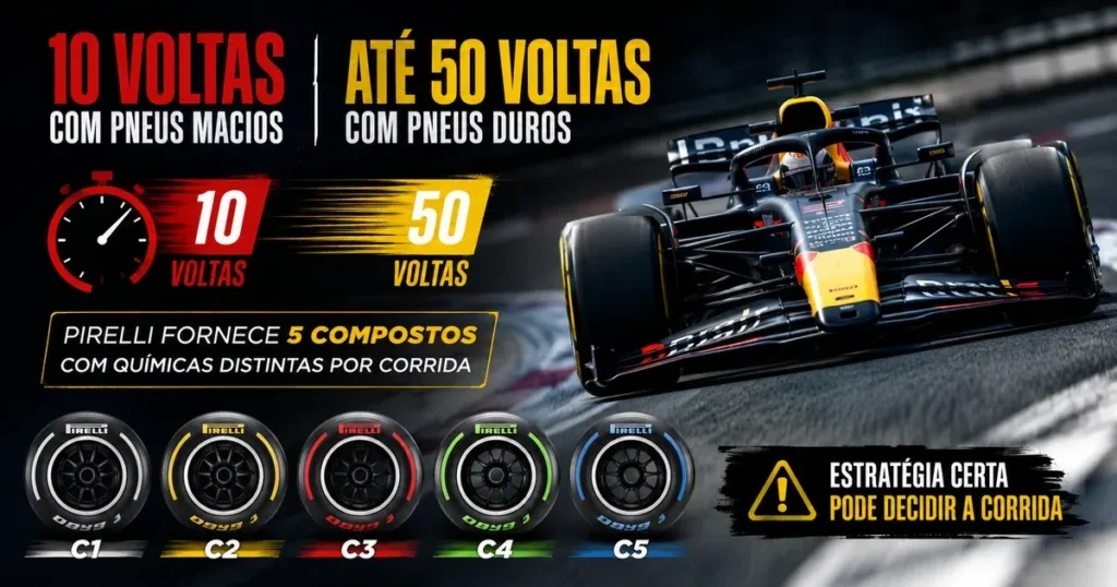 Capa sobre pneus de Formula 1 com carro e os 5 compostos Pirelli C1 a C5; macios duram cerca de 10 voltas e duros chegam a 50