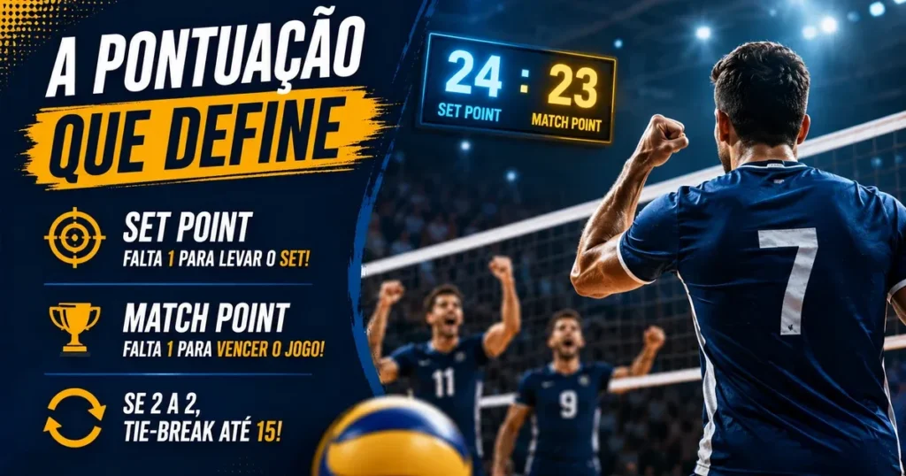 Capa sobre pontuação no vôlei: sistema rally point, sets de 25 pontos, tie-break de 15 e os momentos de set point e match point