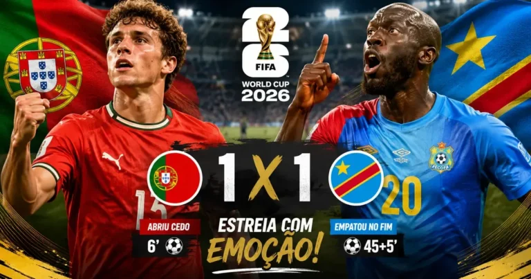 Capa do empate Portugal 1 a 1 RD Congo na estreia da Copa do Mundo 2026, no NRG Stadium em Houston, pelo Grupo K