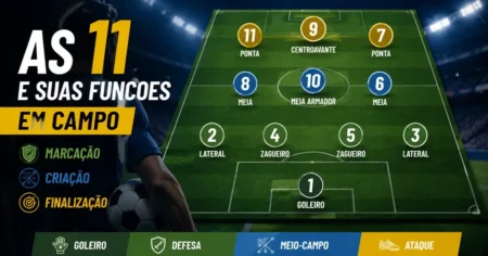 Capa do guia de posições do futebol com as 11 funções em campo divididas em goleiro, defesa, meio-campo e ataque