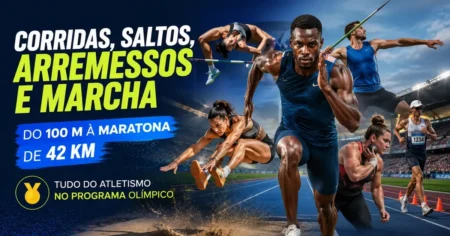 Capa do guia de provas do atletismo com corredor, salto, lancamento de dardo, arremesso e marcha; do 100 m a maratona de 42 km