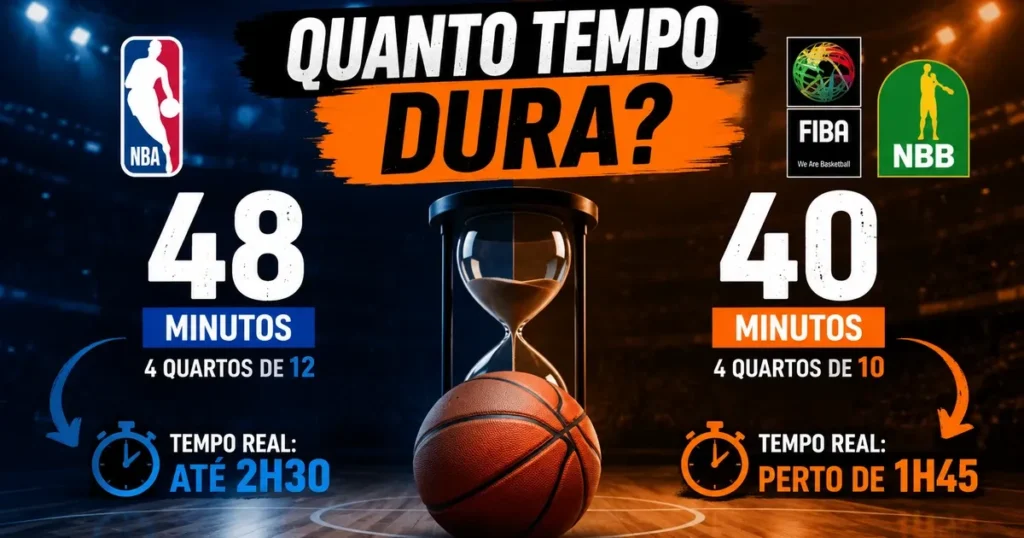 Quanto Tempo Dura um Jogo de Basquete? NBA, FIBA e NBB Infográfico comparando a duração de um jogo de basquete: NBA 48 minutos em 4 quartos de 12, com tempo real de até 2h30; FIBA e NBB 40 minutos em 4 quartos de 10, com tempo real perto de 1h45.