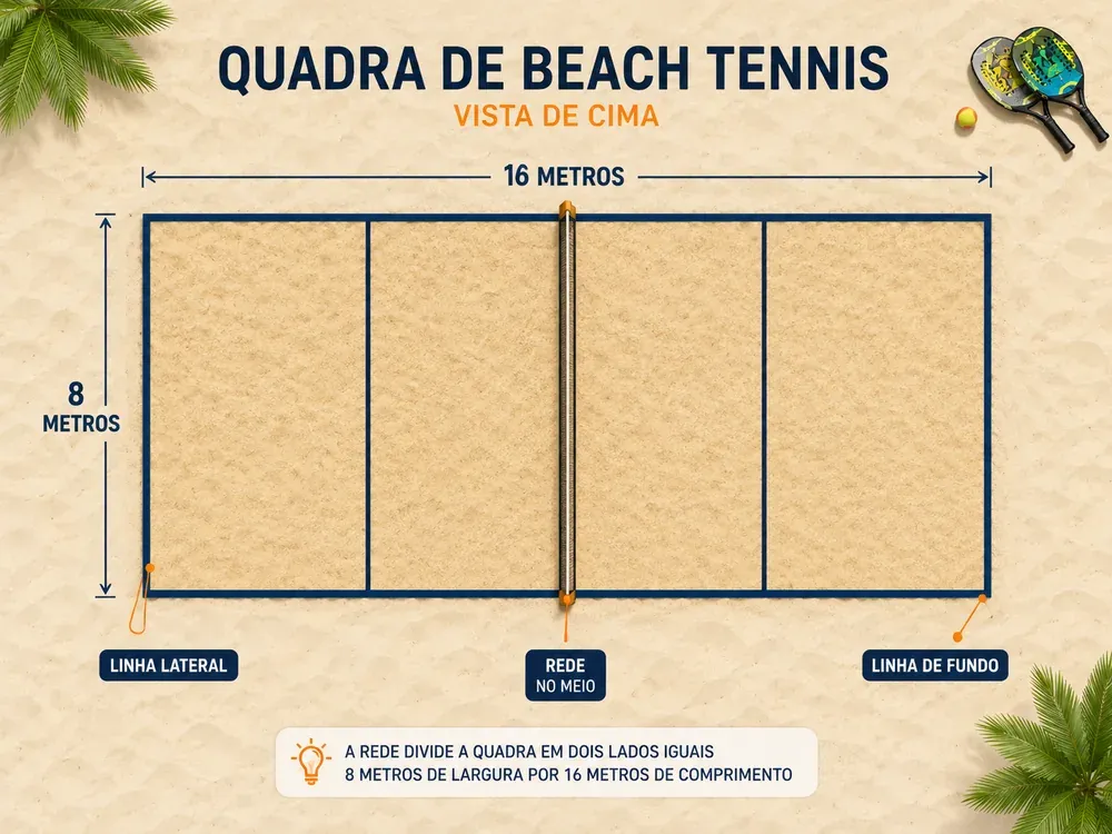 Diagrama da quadra de beach tennis vista de cima: 16 metros de comprimento por 8 de largura com a rede no meio