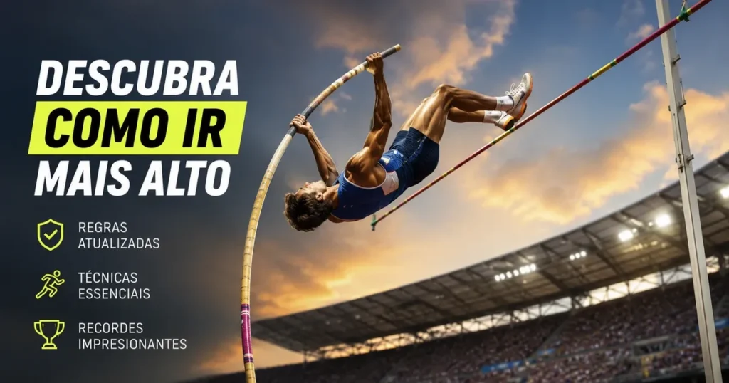 Atleta de salto com vara invertido sobre o sarrafo durante a transposição, com a vara flexionada e estádio ao fundo
