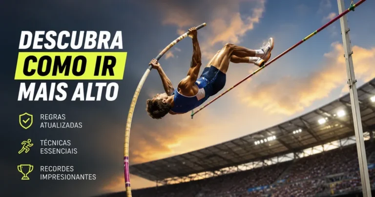 Atleta de salto com vara invertido sobre o sarrafo durante a transposição, com a vara flexionada e estádio ao fundo