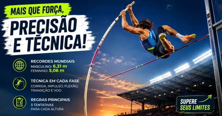 Atleta de salto com vara transpondo o sarrafo no atletismo, prova cujo recorde mundial é 6,31 m de Armand Duplantis