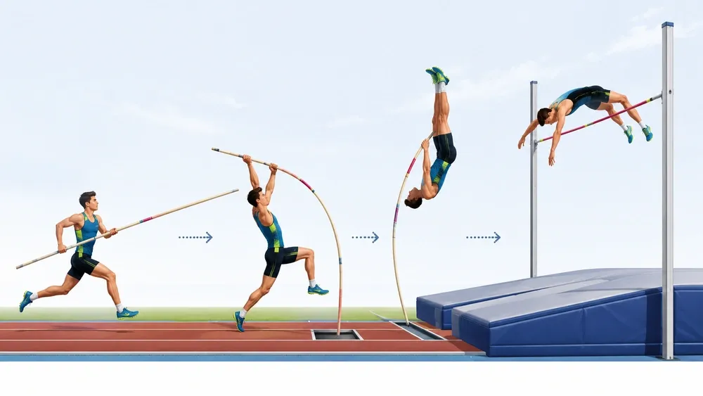 Sequência das quatro fases do salto com vara: corrida de aproximação, encaixe na caixa de apoio, inversão do corpo e transposição do sarrafo