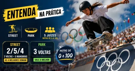 Skatista executando manobra no skate olímpico, ilustrando as modalidades street e park dos Jogos Olímpicos