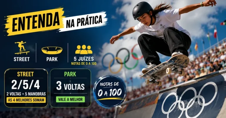 Skatista executando manobra no skate olímpico, ilustrando as modalidades street e park dos Jogos Olímpicos