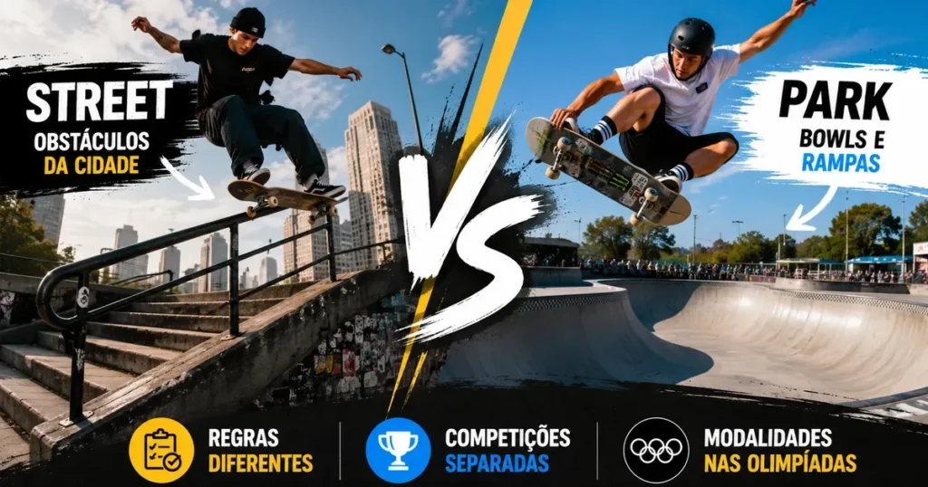 Comparativo skate street versus park: street com escadas e corrimaos urbanos, park com bowls e rampas; duas modalidades olimpicas