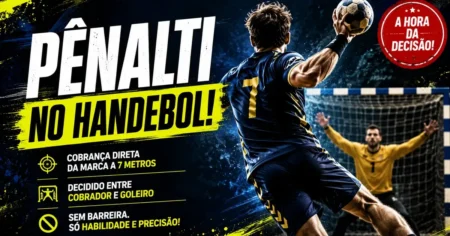 Jogador de handebol cobrando o tiro de 7 metros, o arremesso direto ao gol a 7 metros de distância