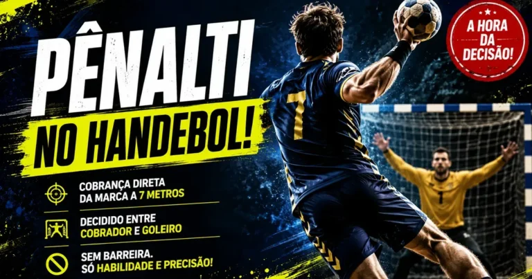 Jogador de handebol cobrando o tiro de 7 metros, o arremesso direto ao gol a 7 metros de distância