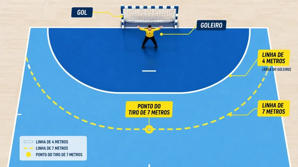 Diagrama da quadra de handebol destacando a linha de 7 metros, a linha de 4 metros do goleiro e o gol