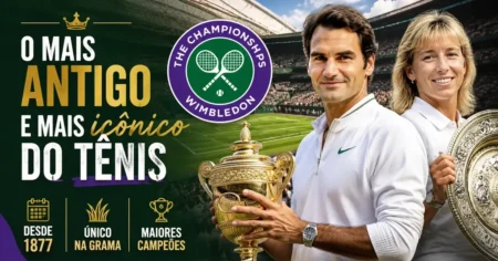 Capa do Torneio de Wimbledon com Roger Federer e Martina Navratilova segurando troféus na grama, Grand Slam mais antigo desde 1877