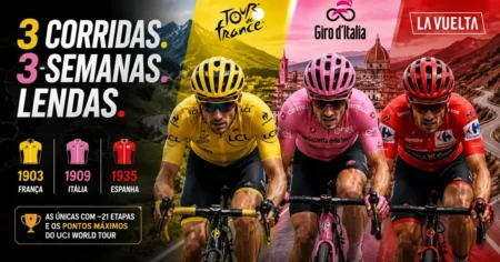 Capa sobre as três Grandes Voltas do ciclismo, com as camisas de líder amarela, rosa e vermelha do Tour de France, Giro d'Italia e Vuelta a España.