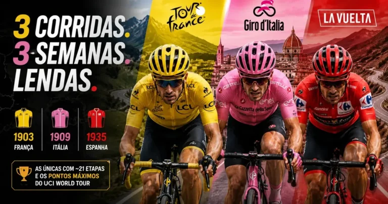 Capa sobre as três Grandes Voltas do ciclismo, com as camisas de líder amarela, rosa e vermelha do Tour de France, Giro d'Italia e Vuelta a España.
