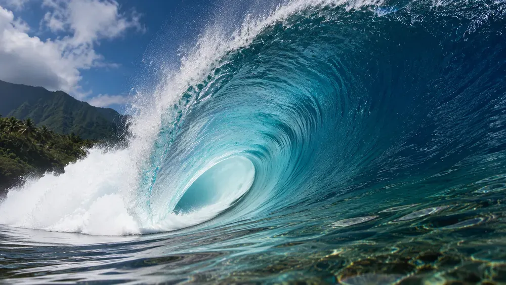Onda tubular pesada quebrando sobre recife raso formando o cilindro de água, como em Teahupoo e Pipeline