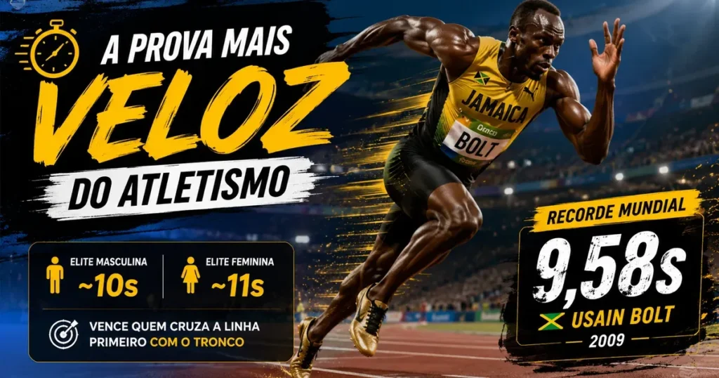 100 Metros Rasos: Regras, Recordes e Fases da Prova Usain Bolt disparando dos blocos de partida numa pista de atletismo, com o recorde mundial dos 100 metros rasos de 9,58 segundos em destaque