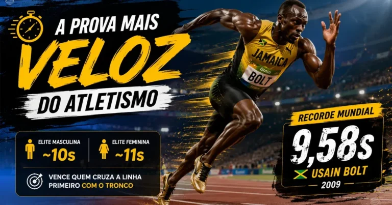 Usain Bolt disparando dos blocos de partida numa pista de atletismo, com o recorde mundial dos 100 metros rasos de 9,58 segundos em destaque