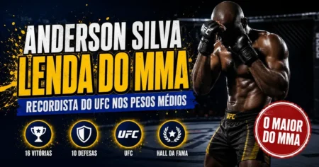 Lutador de MMA em guarda no octógono, perfil de Anderson Silva, recordista do UFC nos pesos médios