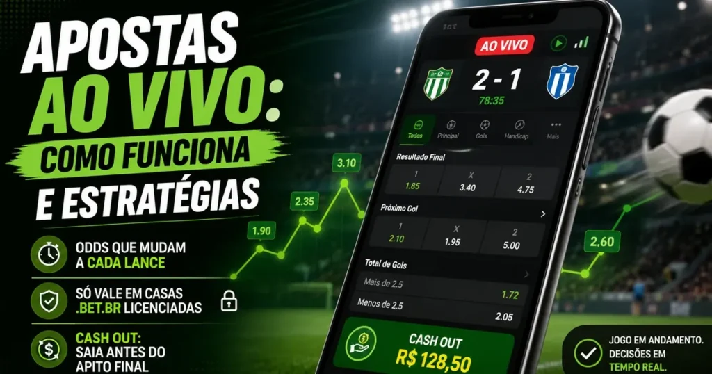 Ilustração sobre apostas ao vivo no futebol, com odds mudando em tempo real e opção de cash out