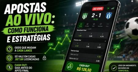 Ilustração sobre apostas ao vivo no futebol, com odds mudando em tempo real e opção de cash out