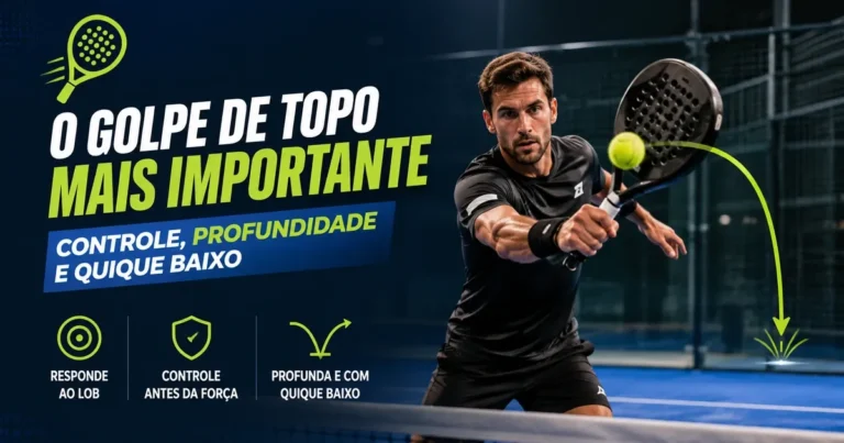 Jogador de padel executando uma bandeja, golpe de topo batido com corte, numa quadra de vidro