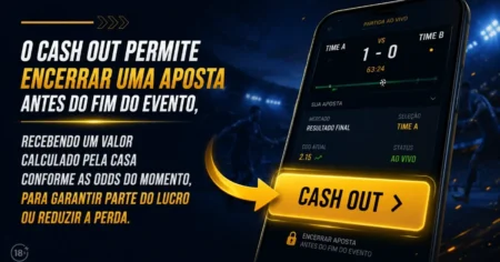 Botão cash out destacado na tela de um app de apostas licenciado, encerrando a aposta antes do fim do jogo
