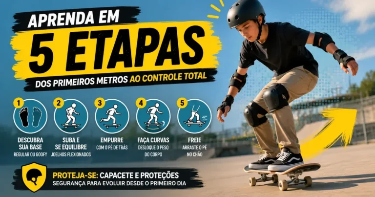 Como Andar de Skate: Passo a Passo para Iniciantes Jovem skatista iniciante de capacete e proteções andando de skate, com infográfico das 5 etapas para aprender: base, equilíbrio, remada, curva e freio