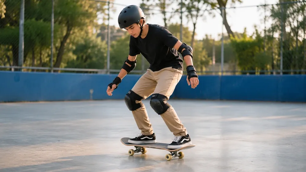 Skatista iniciante de capacete, joelheiras e munhequeiras equilibrando-se sobre o skate com os joelhos flexionados em uma quadra