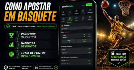 Capa do guia de como apostar em basquete: mockup de app com jogo da NBA, handicap de pontos e total de pontos over/under em casa licenciada SPA/MF