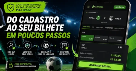 Capa do guia de como apostar em futebol: mockup de app com mercado 1X2 e passo a passo do cadastro à confirmação do bilhete em casa licenciada SPA/MF