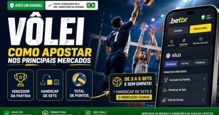 Capa do guia de como apostar em vôlei: jogada de ataque e os mercados vencedor, handicap de sets e total de pontos em casa licenciada SPA/MF