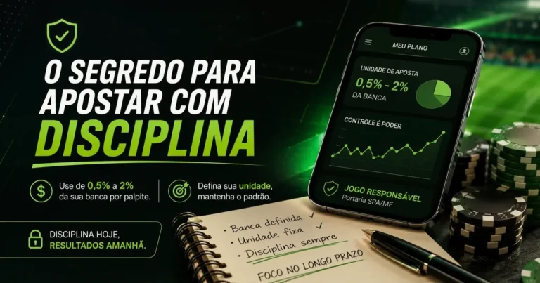 Como Gerenciar sua Banca de Apostas: Guia Prático Guia de gestão de banca em apostas: painel mostra unidade de 0,5% a 2% da banca por palpite e selo de jogo responsável da Portaria SPA/MF.