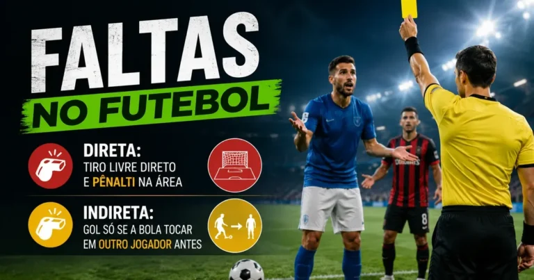Faltas no Futebol: Tipos, Falta Direta e Indireta Ilustração sobre faltas no futebol mostrando disputa de bola e arbitragem, com a distinção entre falta direta e indireta da Lei 12 da IFAB