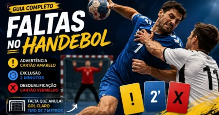 Faltas no Handebol: Tipos, Cartões e Exclusão Árbitro de handebol exibindo cartões amarelo e vermelho, representando as faltas no handebol e a exclusão de 2 minutos