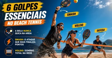 Ilustração dos golpes do beach tennis, com jogador executando o smash na areia