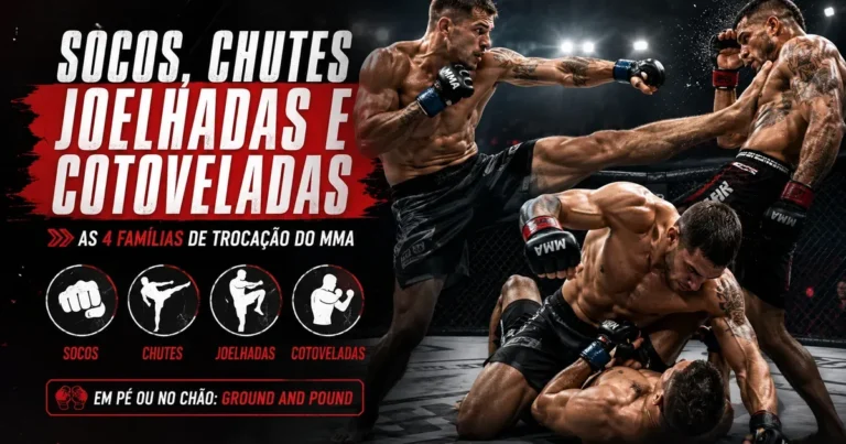 Golpes do MMA: Socos, Chutes e os Principais Tipos Ilustração dos golpes do MMA: socos, chutes, joelhadas e cotoveladas, as quatro famílias de trocação aplicadas em pé e no chão (ground and pound)